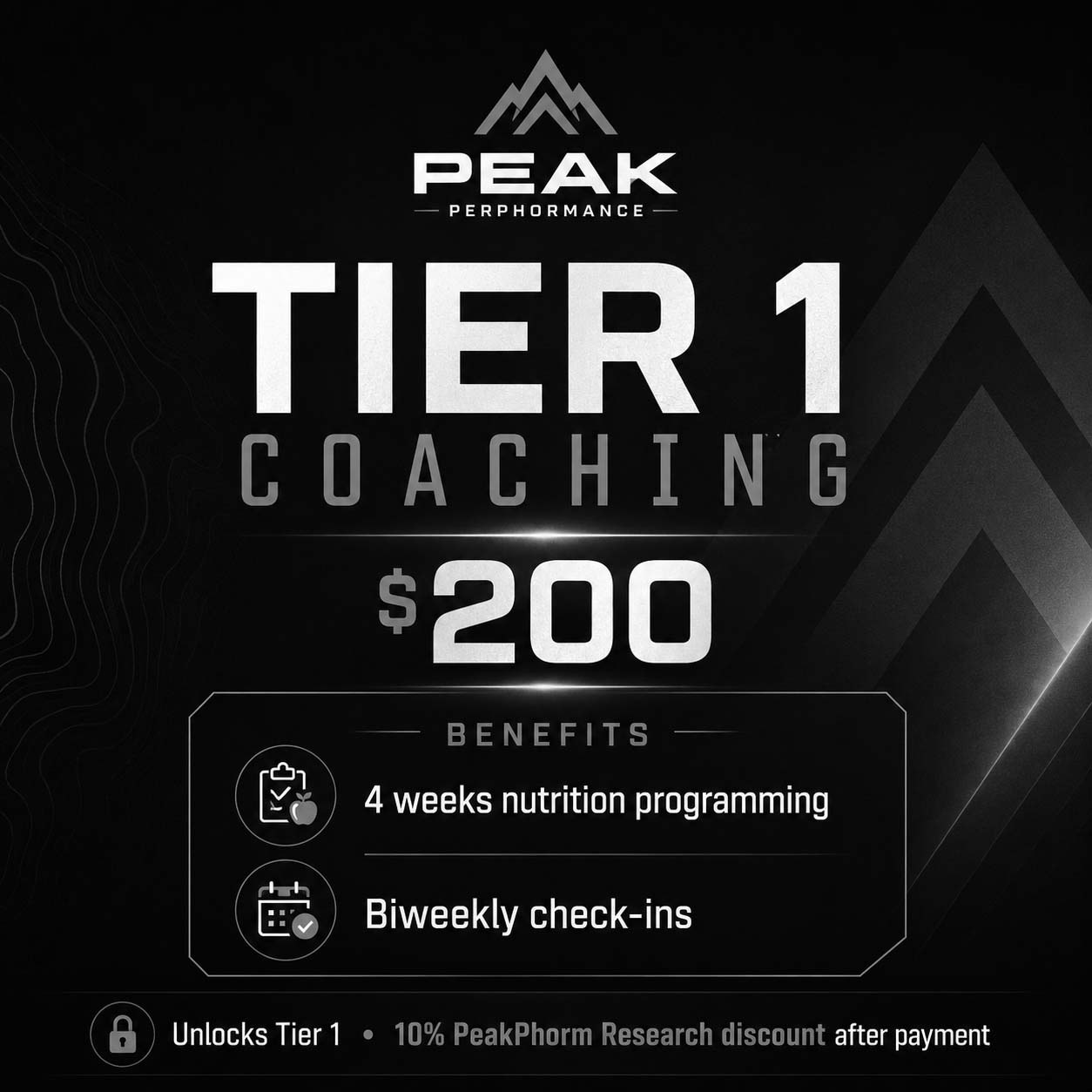 Tier 1 coaching includes 4 weeks of nutrition programming and biweekly check-ins, plus 10% off eligible PeakPhorm Research products after payment.