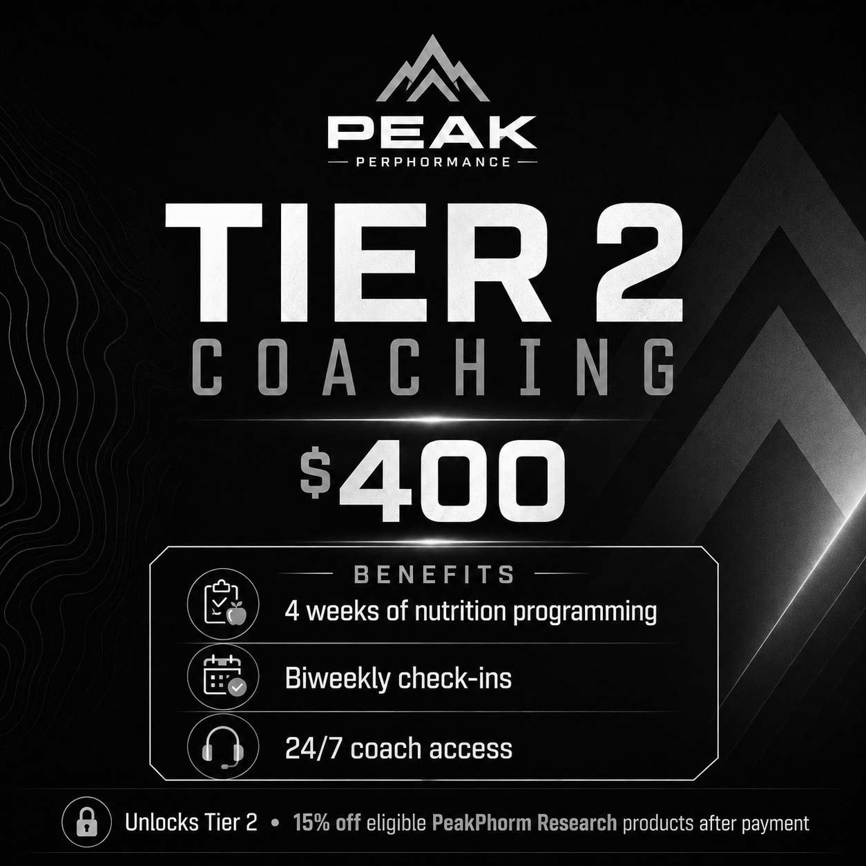 Tier 2 Coaching by Peak Perphormance - $400 coaching plan with nutrition programming, biweekly check-ins, and 24/7 coach access