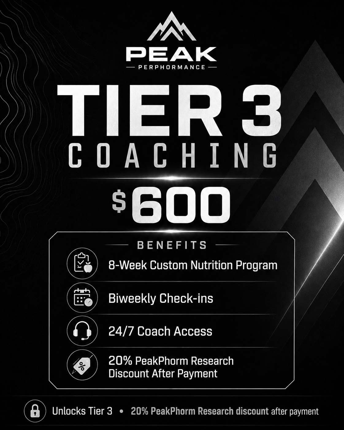 Tier 3 Coaching by Peak Perphormance - $600 coaching plan with an 8-week custom nutrition program, biweekly check-ins, and 24/7 coach access