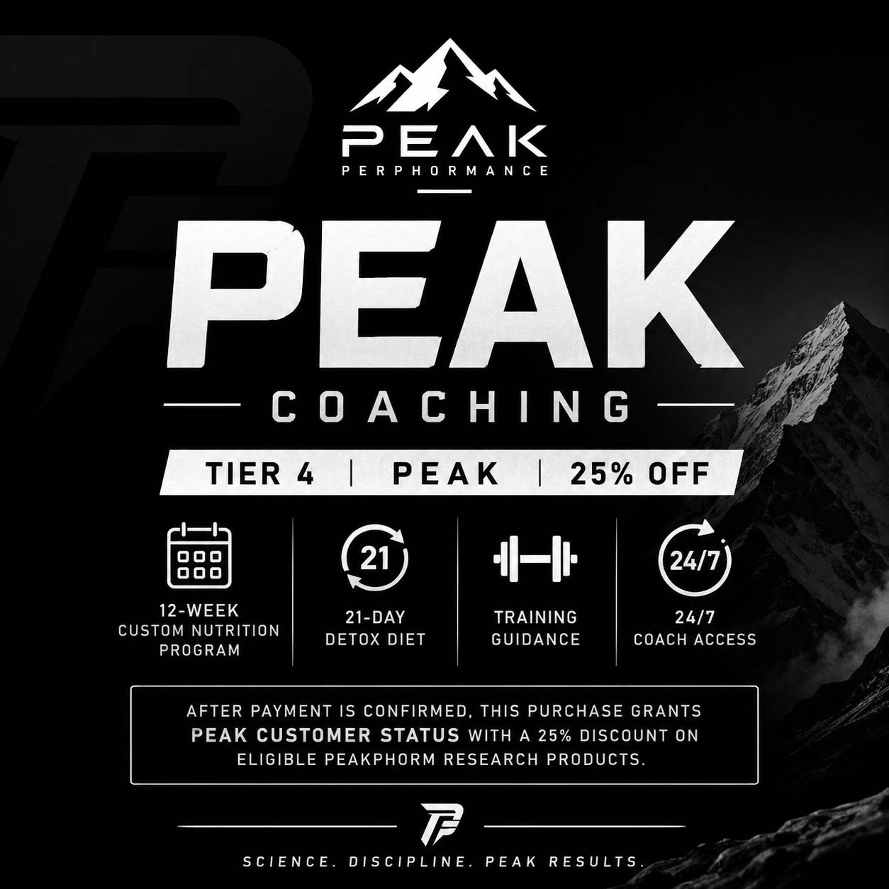 Peak Coaching by Peak Perphormance - $1,000 coaching plan with a 12-week custom nutrition program, 21-Day Detox Diet, training guidance, and 24/7 coach access